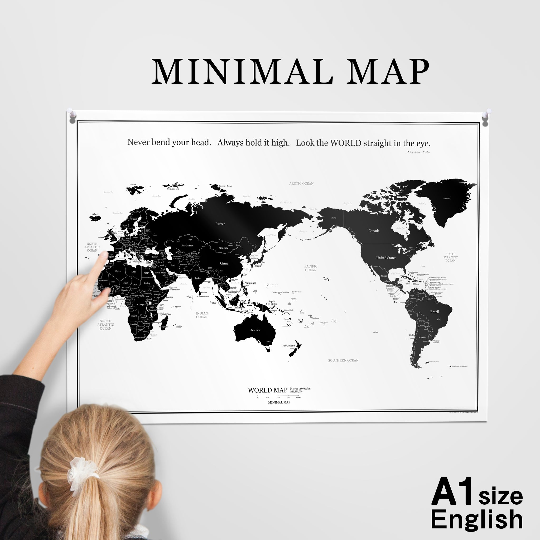 ミニマルマップ 世界地図 ポスター / A1 / 白黒 / 英語 日本語
